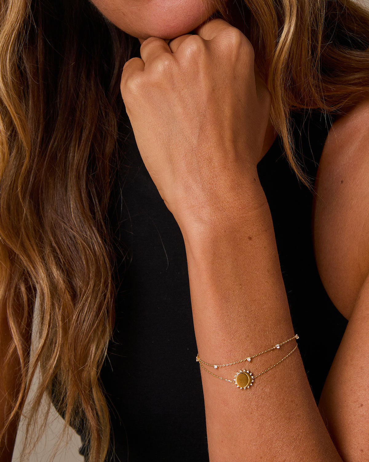 Bryan Anthonys Squad Dainty Bracelet on Model in Gold