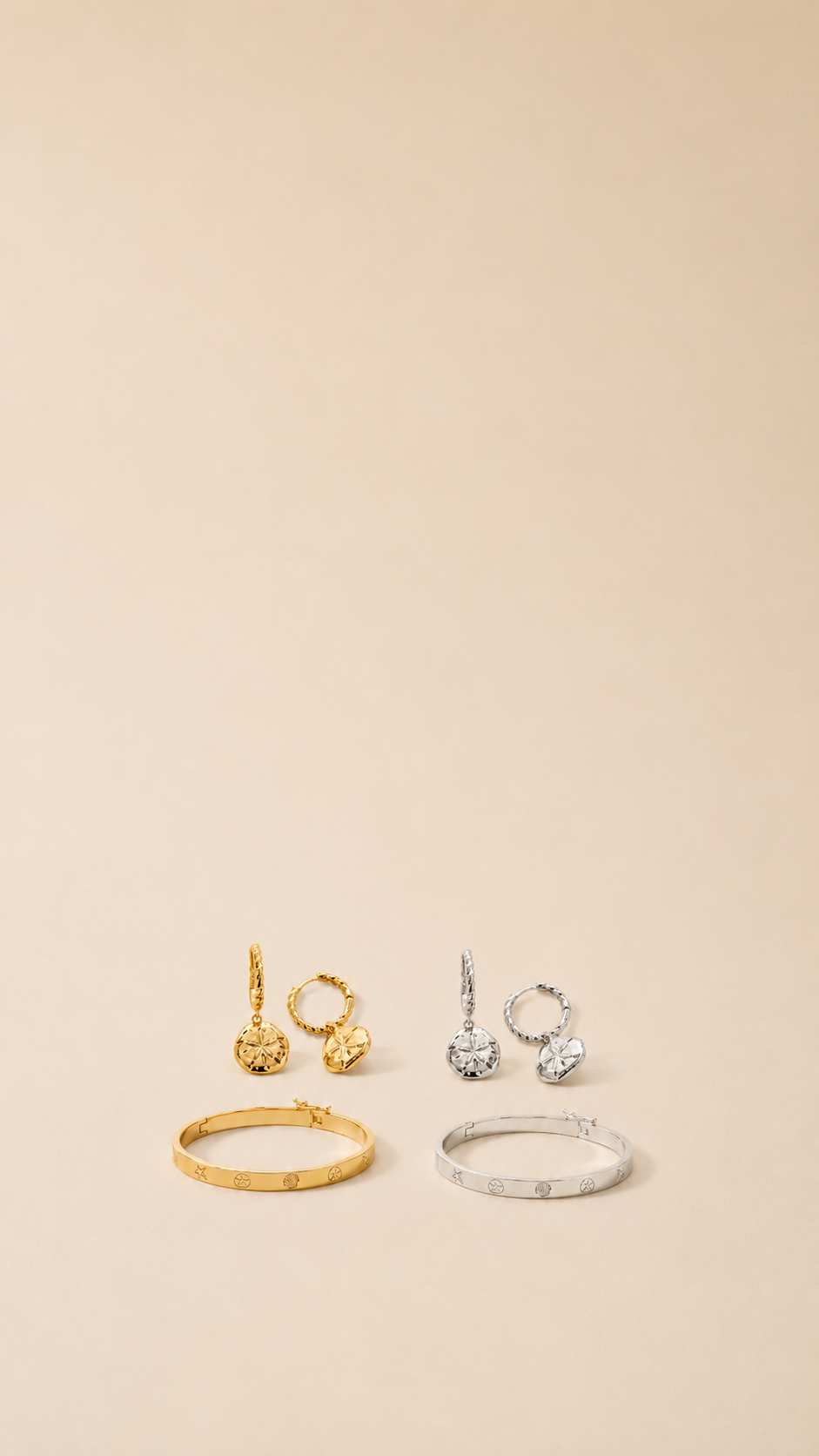 Earrings gold and silver on flat lay. 