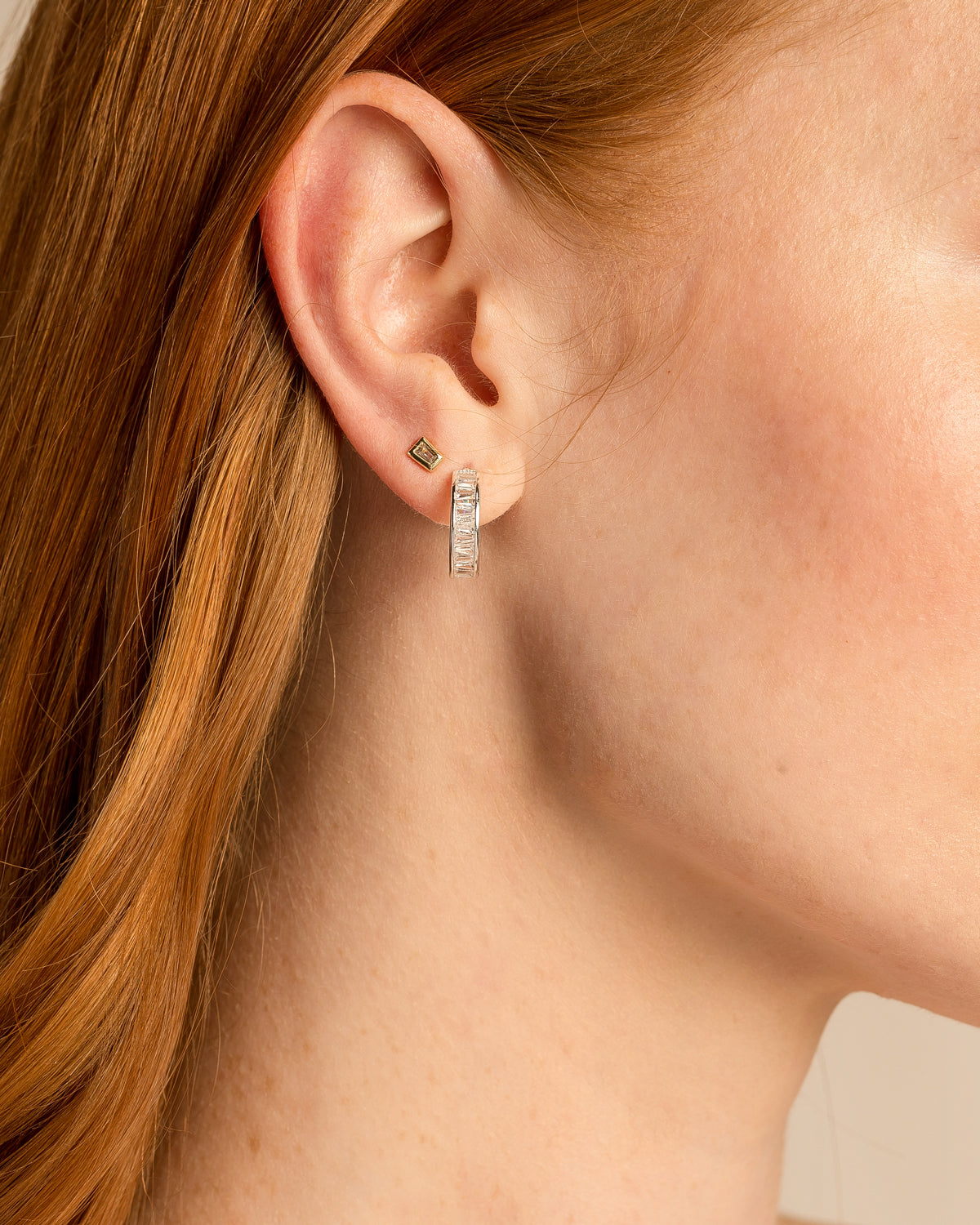 Bryan Anthonys Radiance Collection Baguette Mini Hoop Earrings On Model