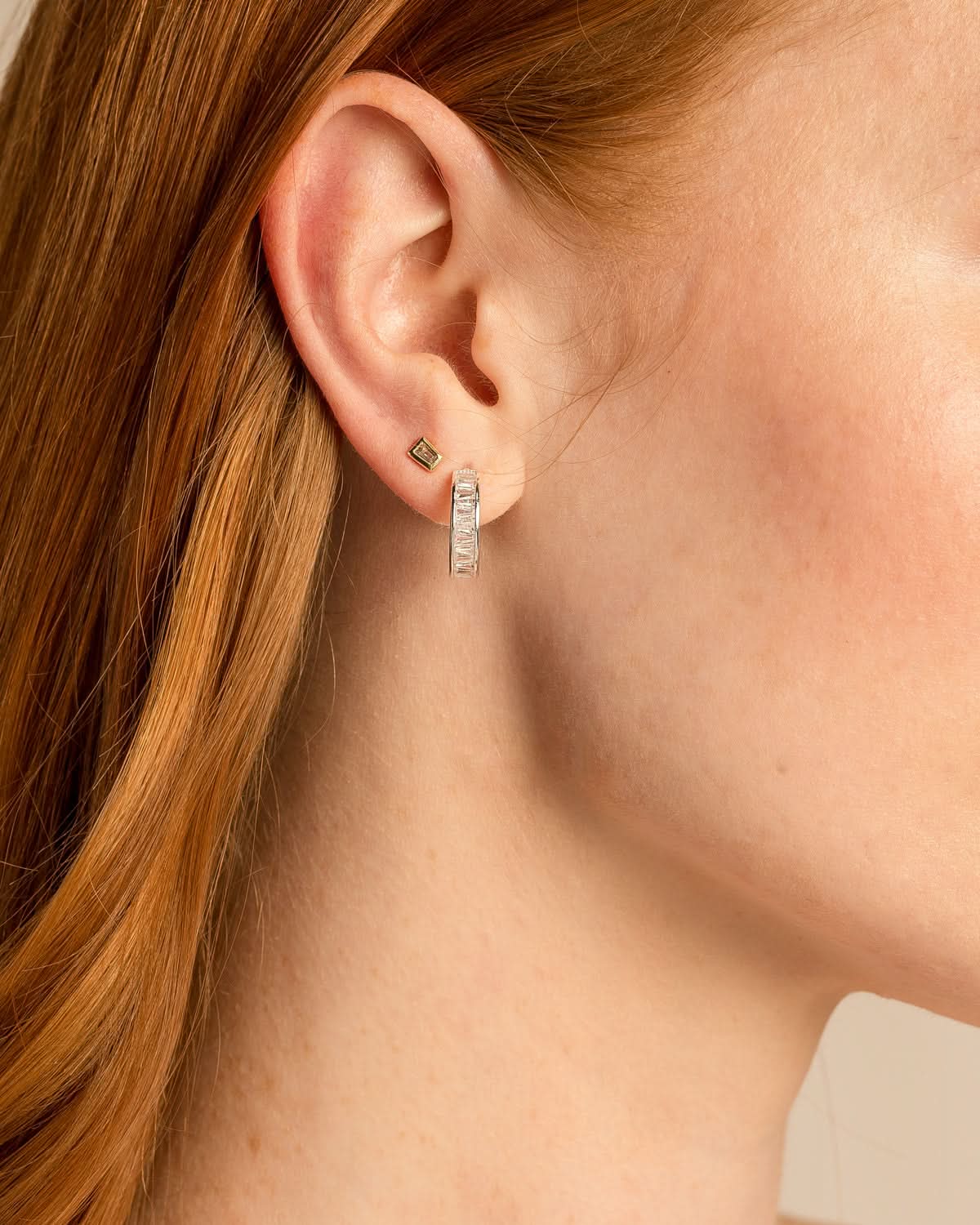 Bryan Anthonys Radiance Collection Baguette Mini Hoop Earrings On Model