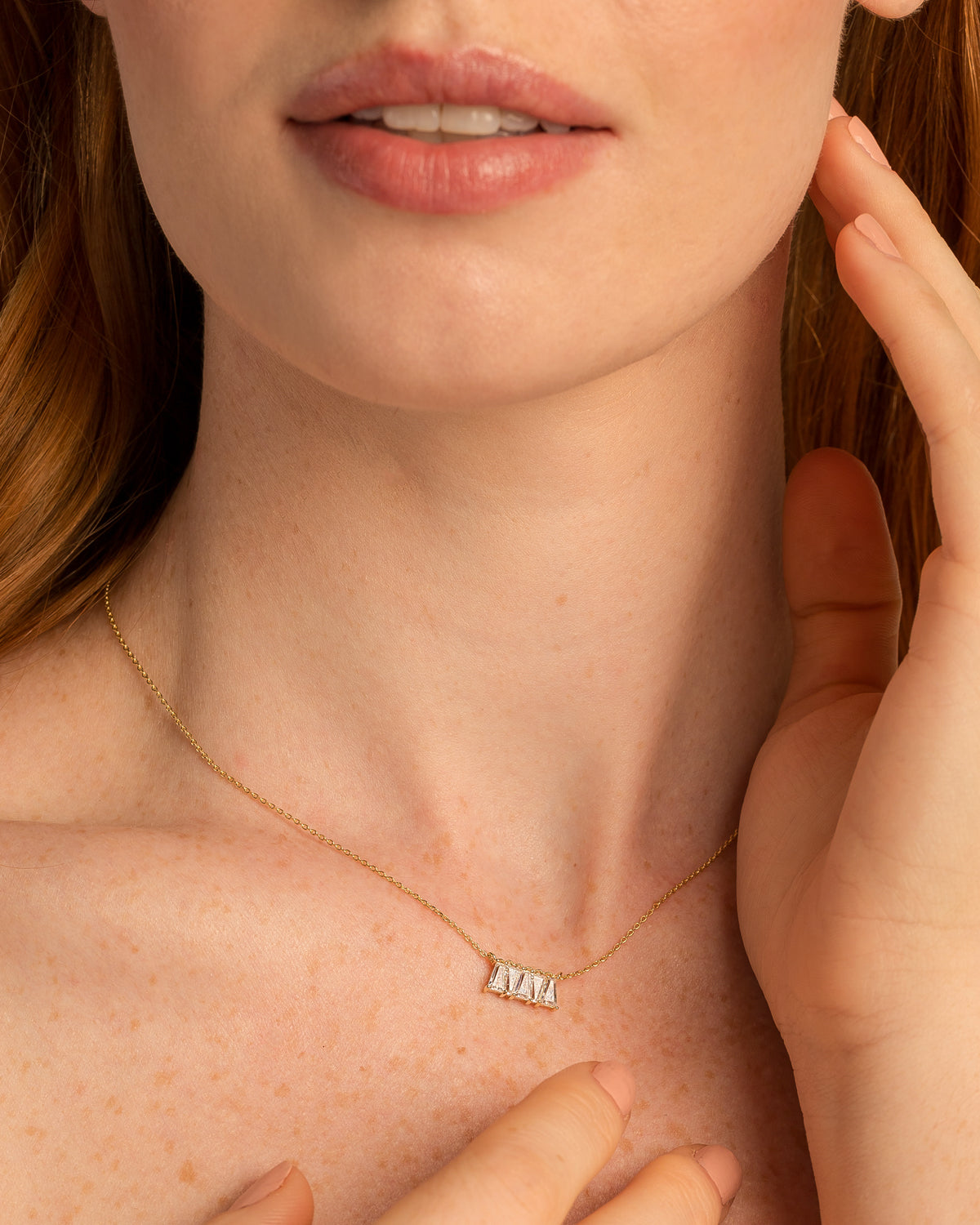 Bryan Anthonys Radiance Collection Baguette Dainty Necklace On Model in Gold