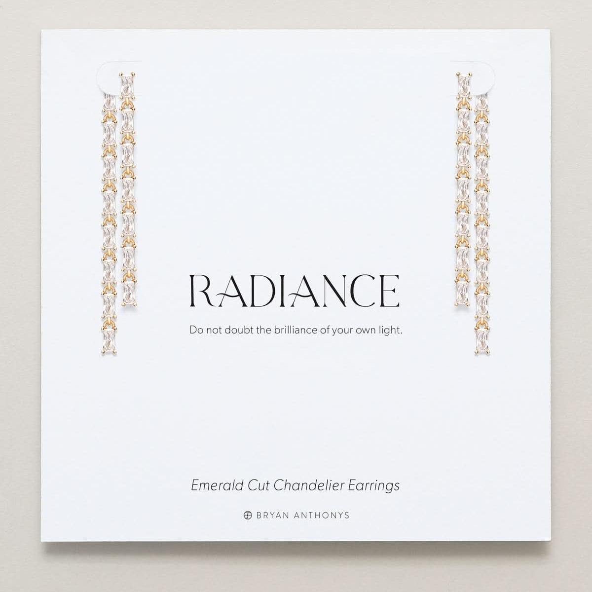 Bryan Anthonys Radiance Collection Baguette Chandelier Earrings Emerald Cut in Gold On Card