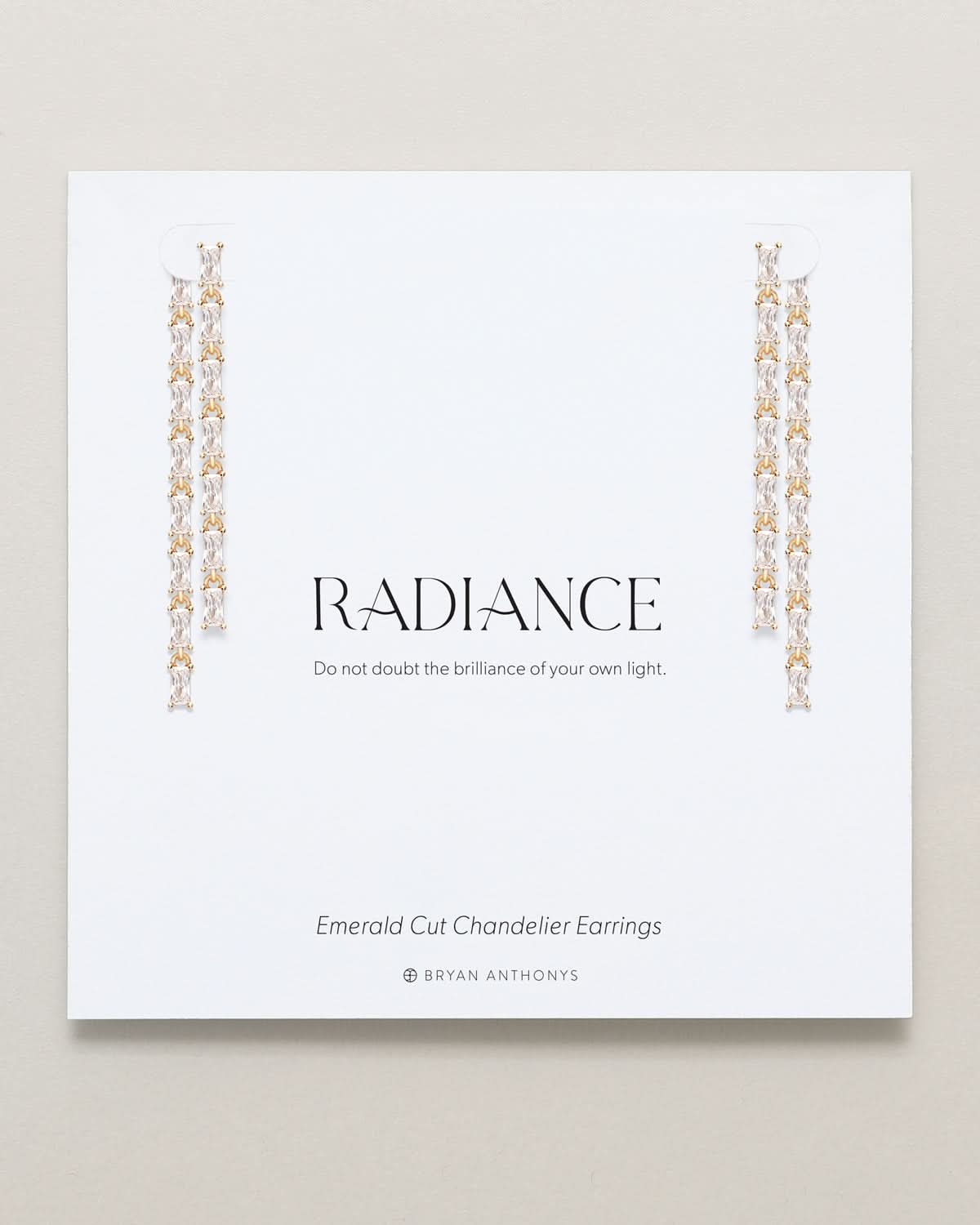 Bryan Anthonys Radiance Collection Baguette Chandelier Earrings Emerald Cut in Gold On Card