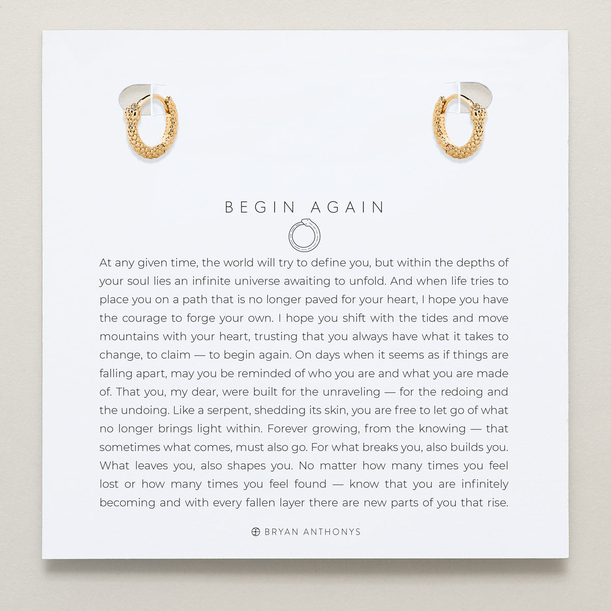 Bryan Anthonys Begin Again Mini Hoop Earrings in Gold On Meaning Card