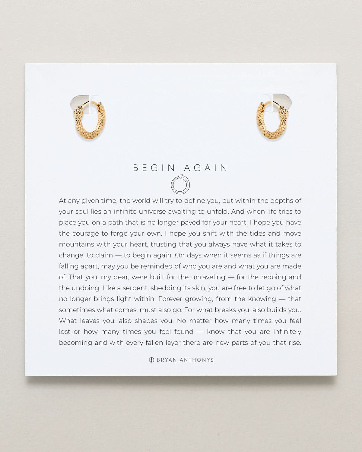 Bryan Anthonys Begin Again Mini Hoop Earrings in Gold On Meaning Card