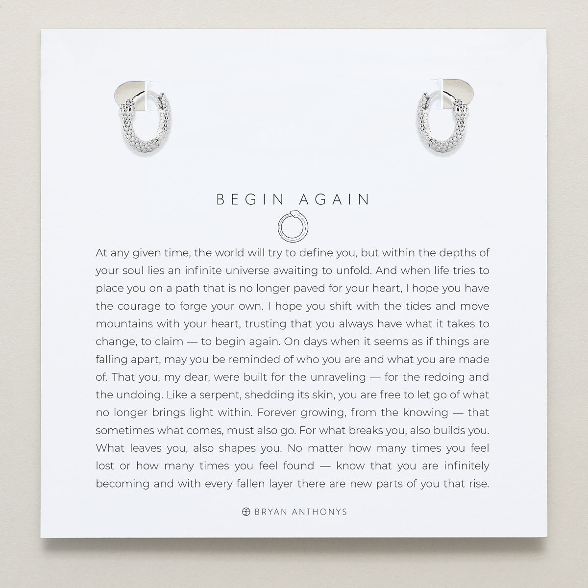Bryan Anthonys Begin Again Mini Hoop Earrings in Silver On Meaning Card