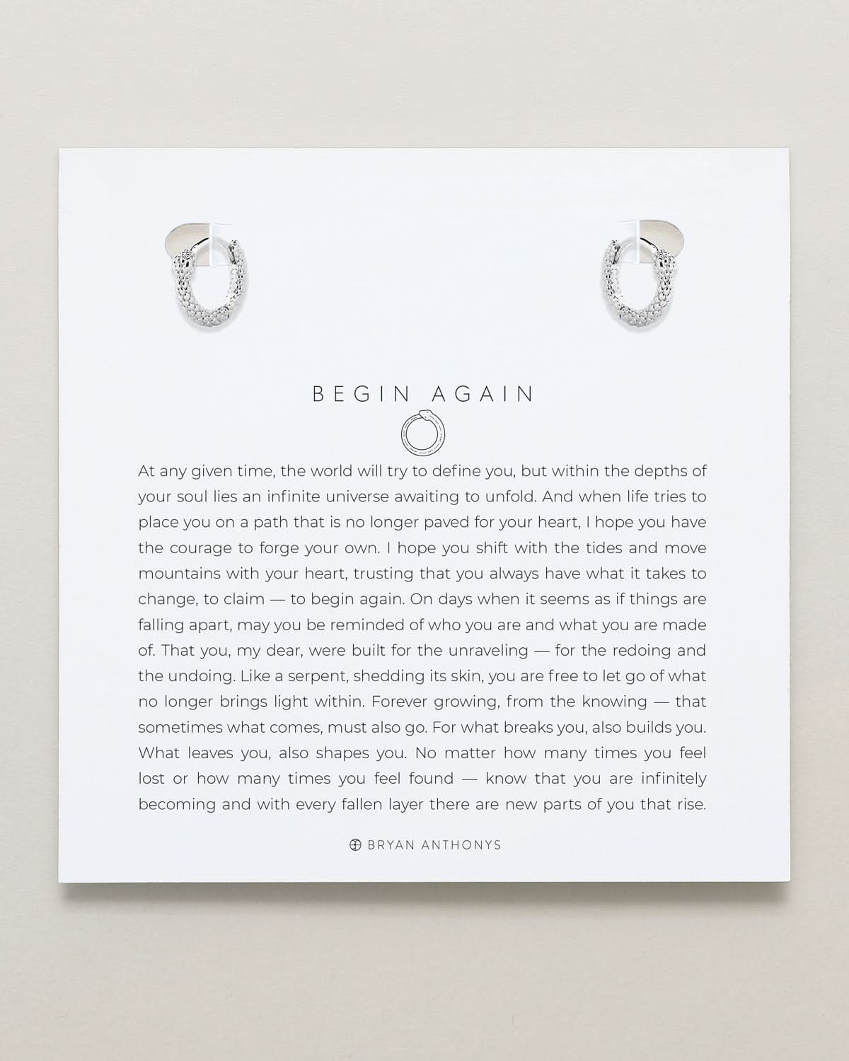 Bryan Anthonys Begin Again Mini Hoop Earrings in Silver On Meaning Card