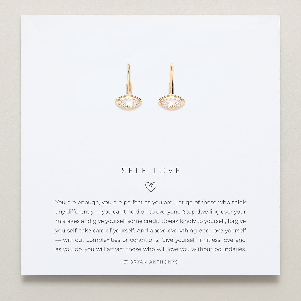 Bryan Anthonys Self Love Marquise Drop Earrings on Meaning Card in Gold