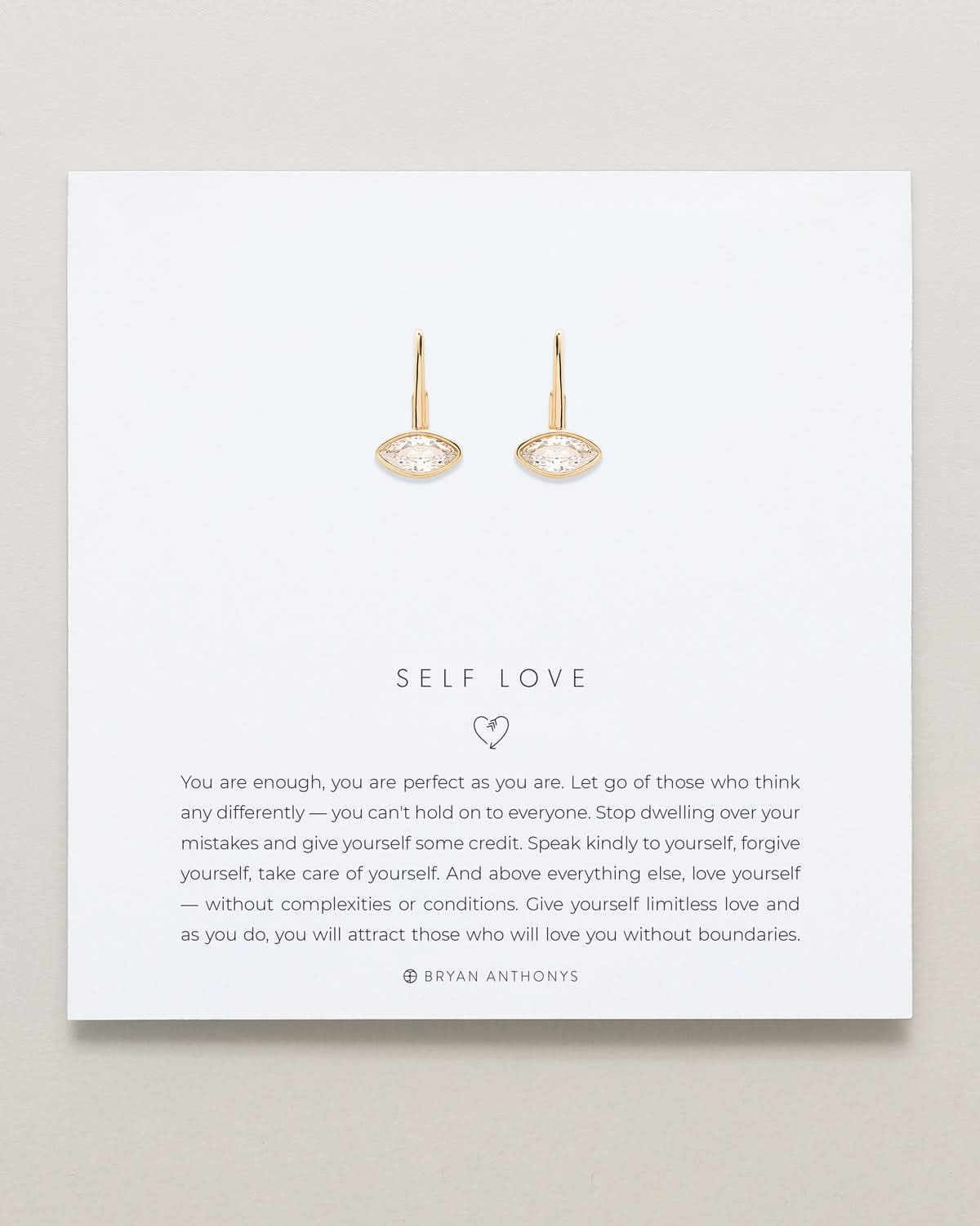 Bryan Anthonys Self Love Marquise Drop Earrings on Meaning Card in Gold