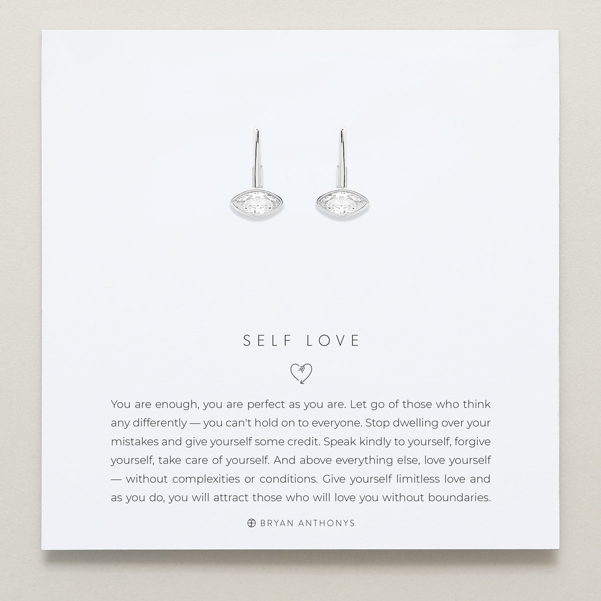 Bryan Anthonys Self Love Marquise Drop Earrings on Meaning Card in Silver