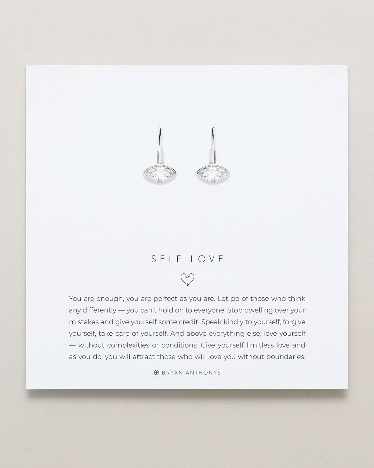 Bryan Anthonys Self Love Marquise Drop Earrings on Meaning Card in Silver