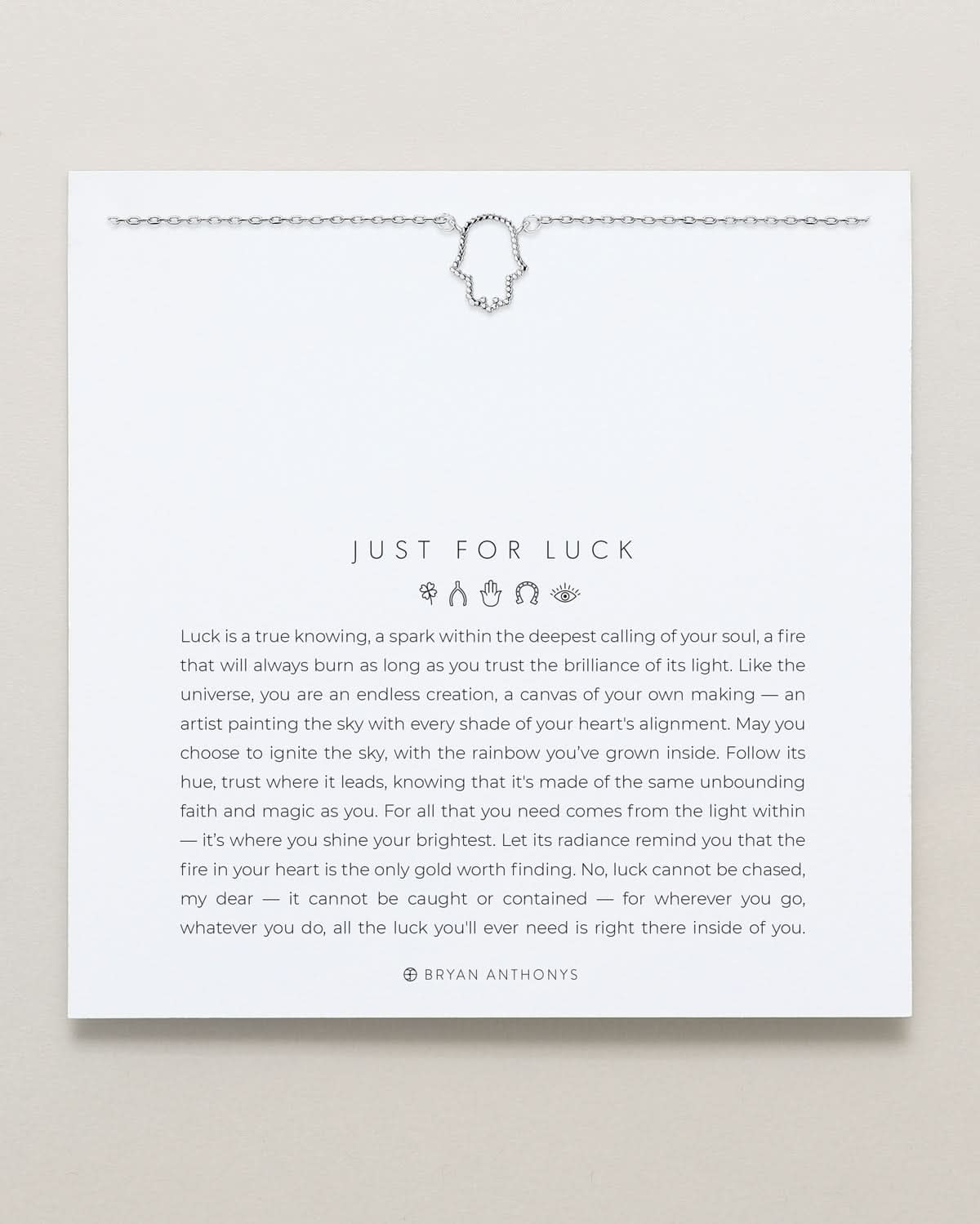 Bryan Anthonys Just For Luck Silver Hamsa Necklace On Card