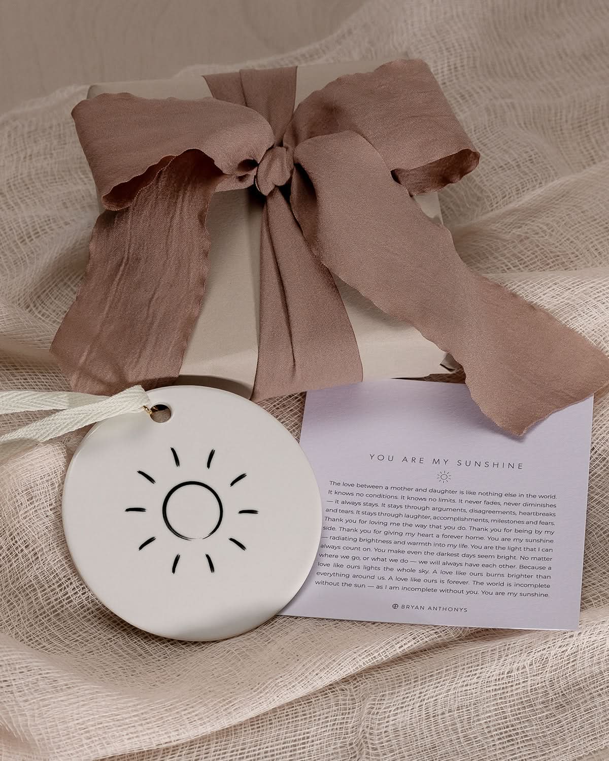 Bryan Anthonys You Are My Sunshine Mother Daughter White Ceramic Holiday Ornament in Black with Meaning Card