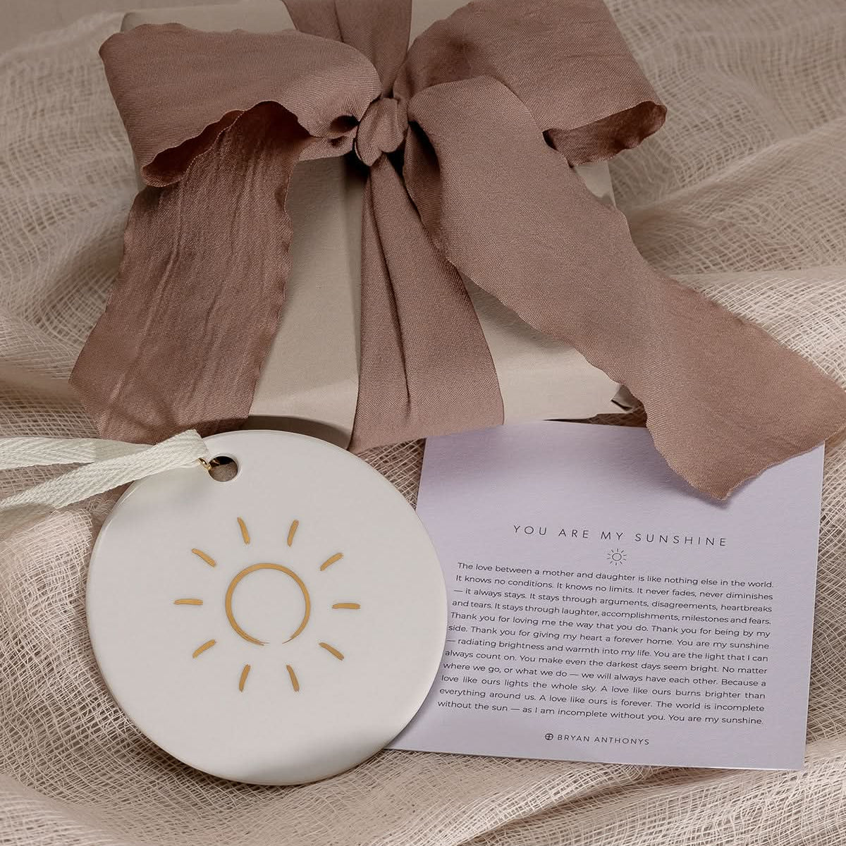 Bryan Anthonys You Are My Sunshine Mother Daughter White Ceramic Holiday Ornament in Gold with Meaning Card