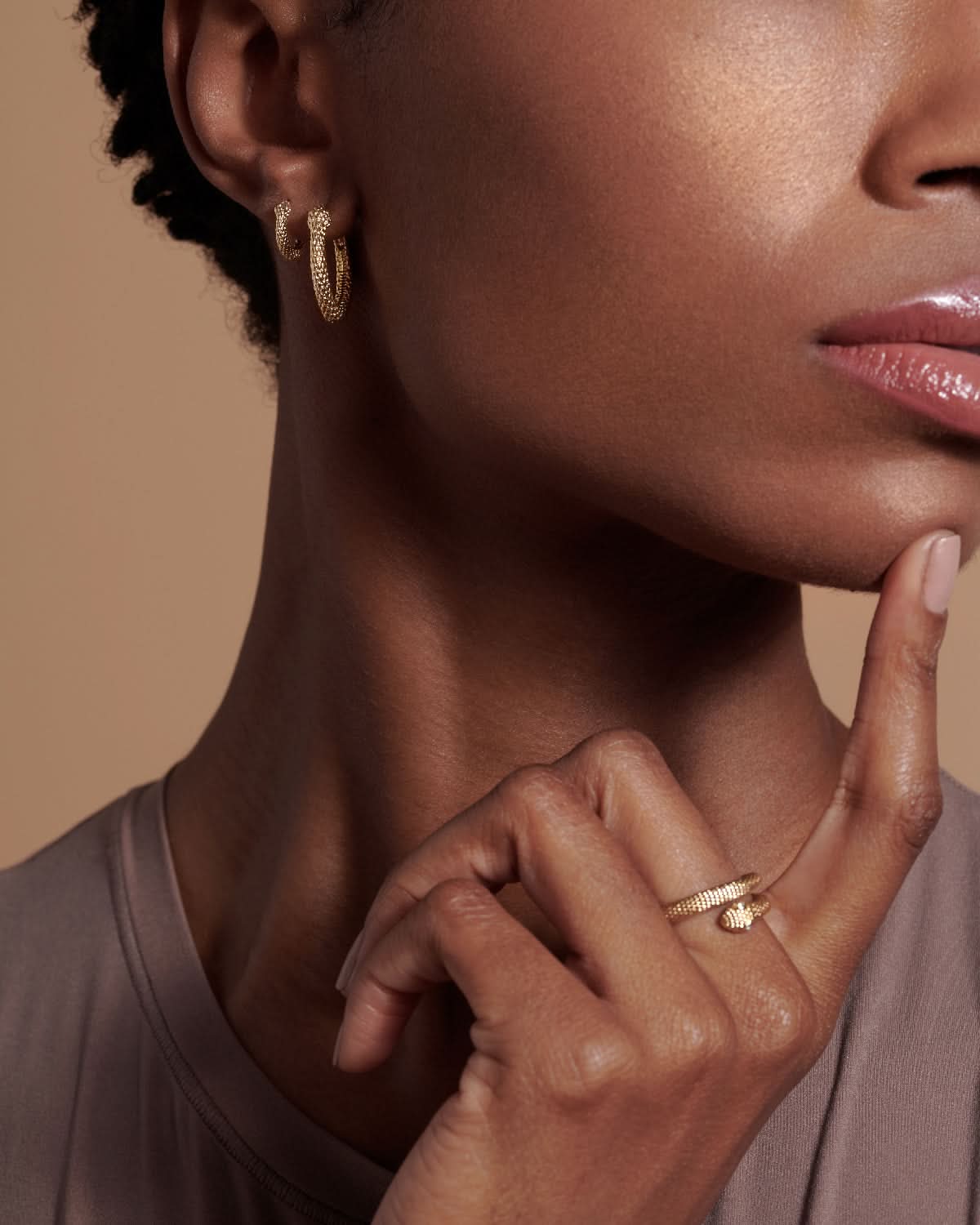 Bryan Anthonys Begin Again Mini Hoop Earrings on Model in Gold