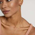 Model wearing Sun Moon & Stars Necklace in 14k gold finish