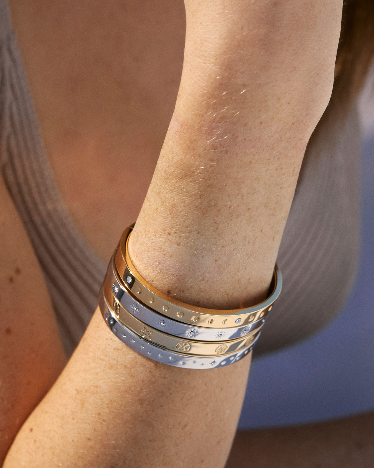 Bryan Anthonys Strength Silver Hinged Bracelet with Crystals On Model