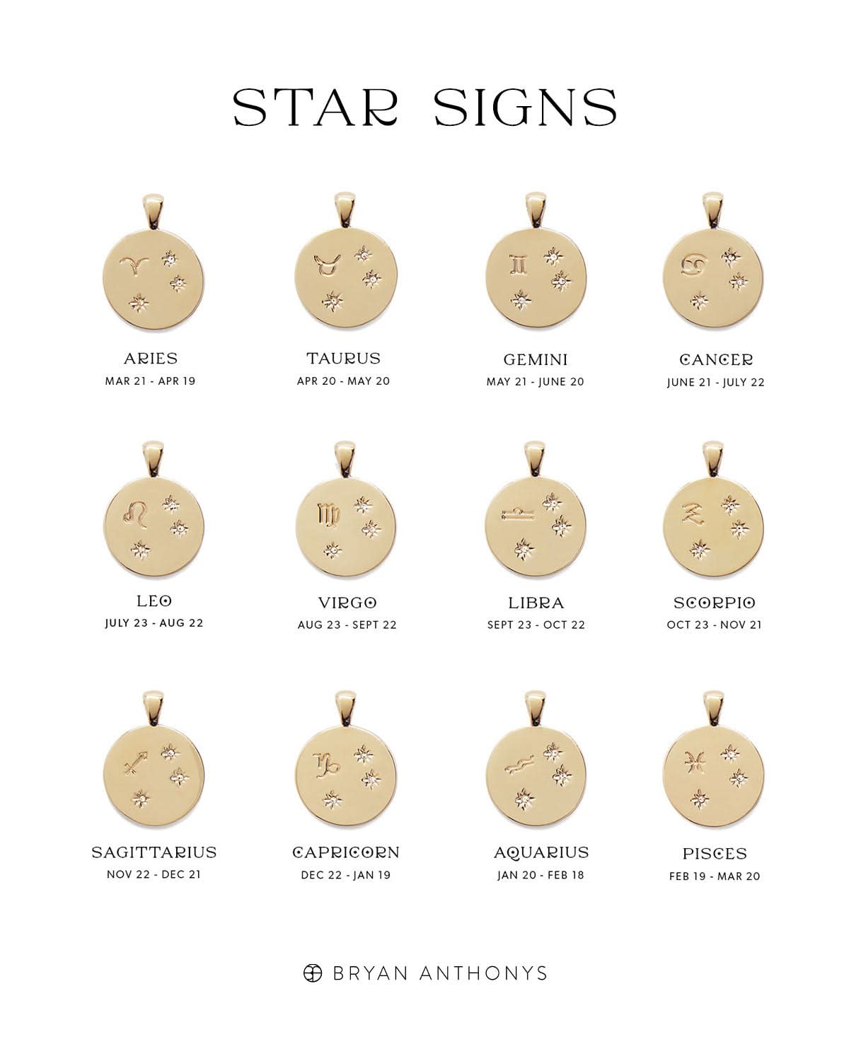 Bryan Anthonys Gold Zodiac Pendant Chart 