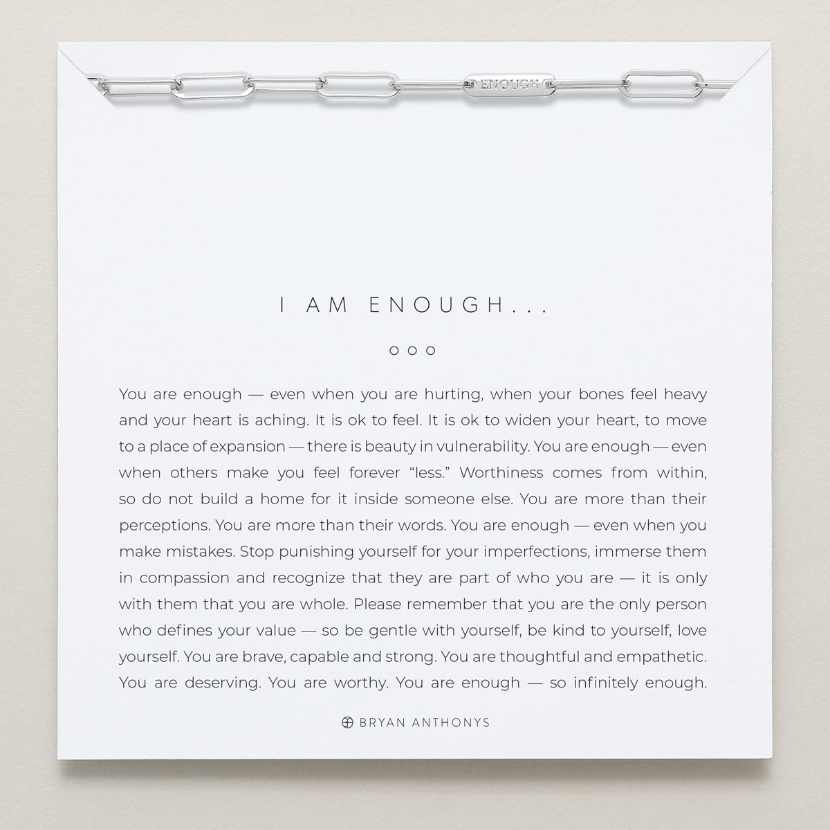 Bryan Anthonys I Am Enough Silver Paperclip Chain Bracelet On Card