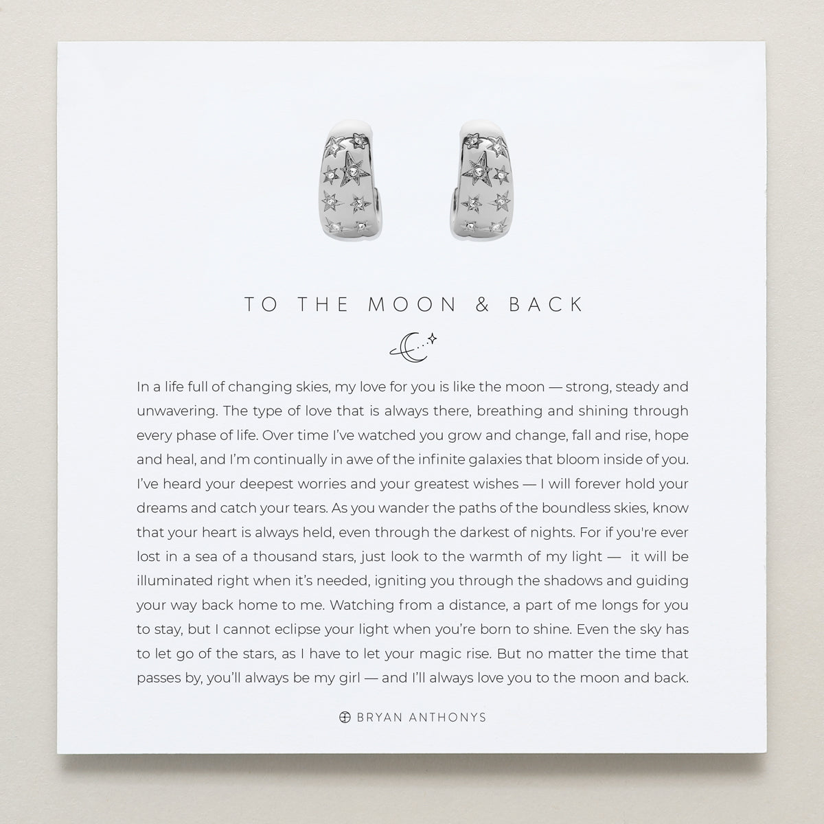 To the Moon and Back Hoop Earrings on card
