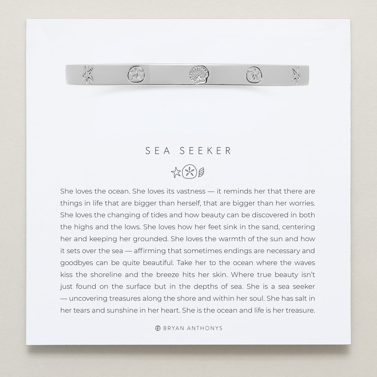 Bryan Anthonys Sea Seeker Silver Hinged Bracelet with sea shell engravings on card