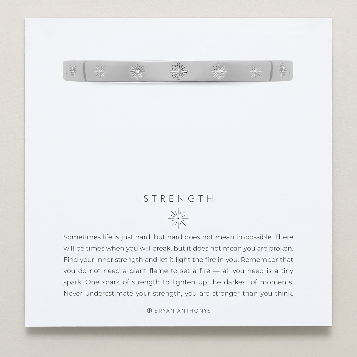 Bryan Anthonys Strength Silver Hinged Bracelet with Crystals on card
