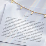 Grief Necklace showcase in 14k gold on card
