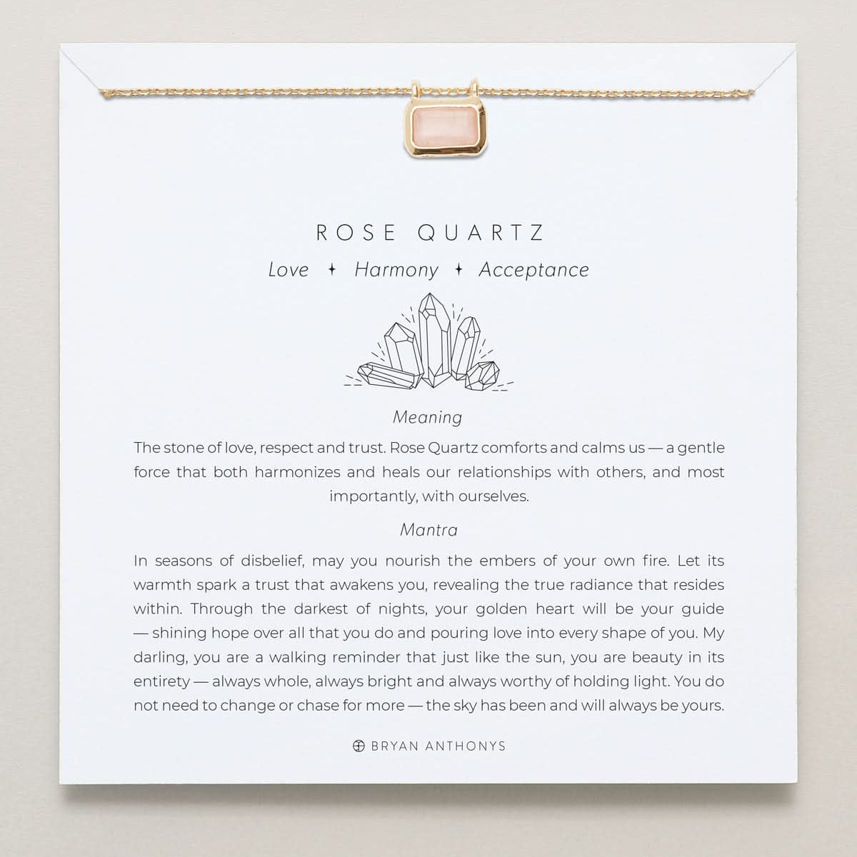 Bryan Anthonys Rose Quartz Healing Stone Gold Pendant Necklace On Card