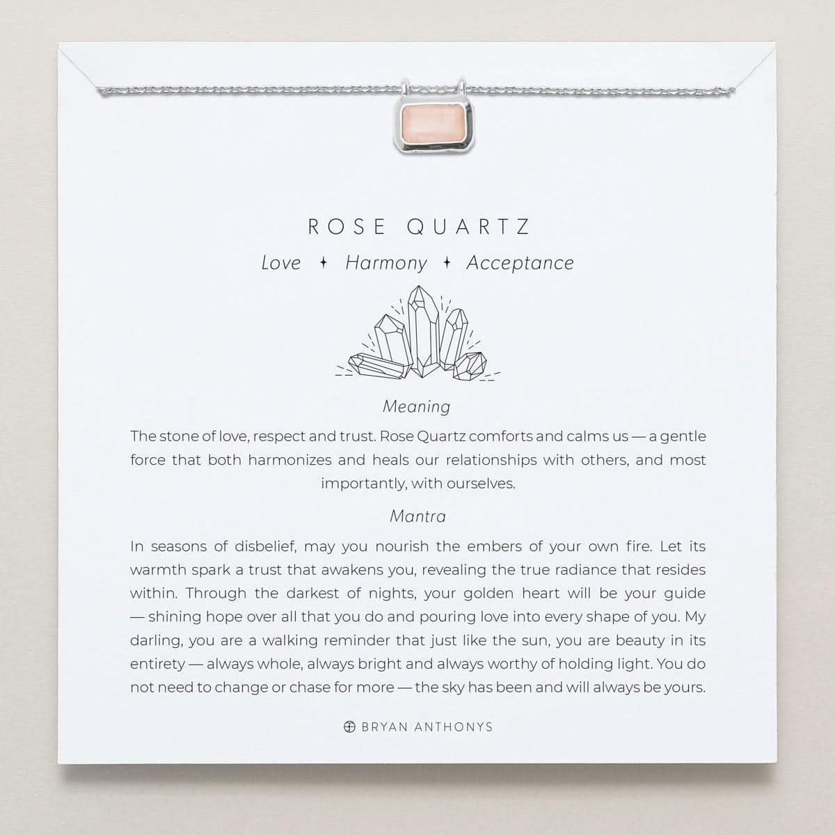 Bryan Anthonys Rose Quartz Healing Stone Silver Pendant Necklace On Card