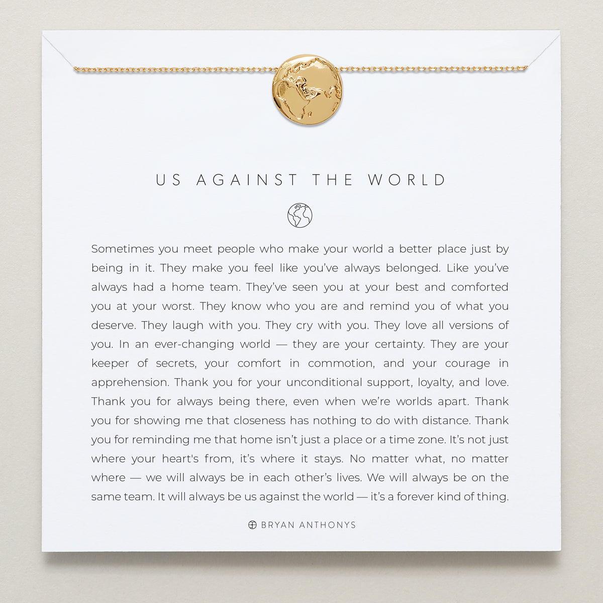 Bryan Anthonys Us Against The World Gold Necklace On Card