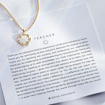 Teacher Necklace showcase in 14k gold on card