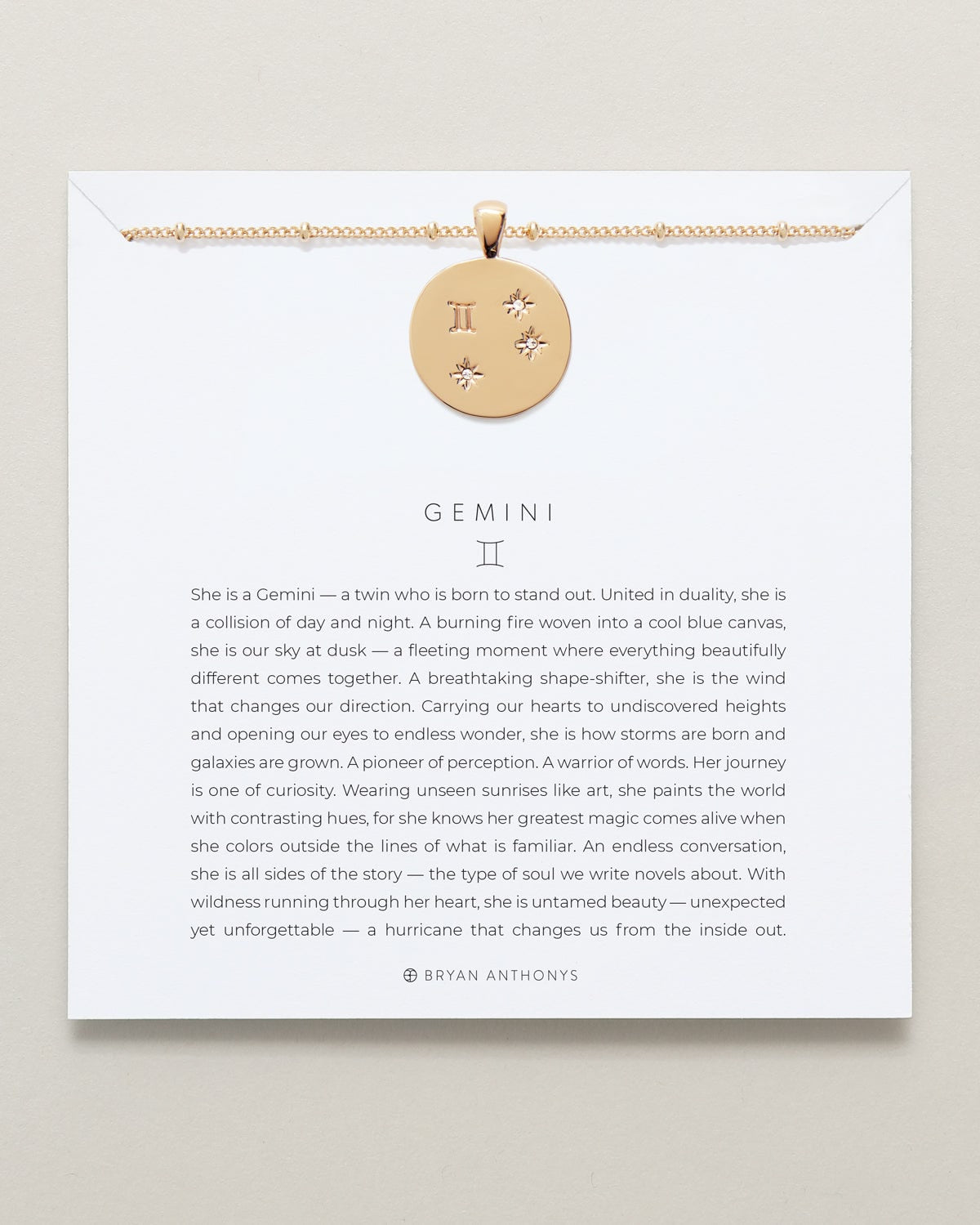 Bryan Anthonys Gold Gemini Zodiac Necklace On Card