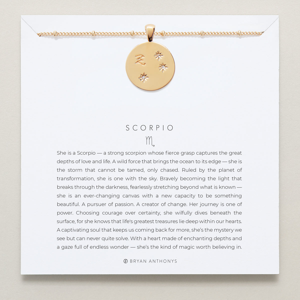 Bryan Anthonys Gold Scorpio Zodiac Necklace On Card