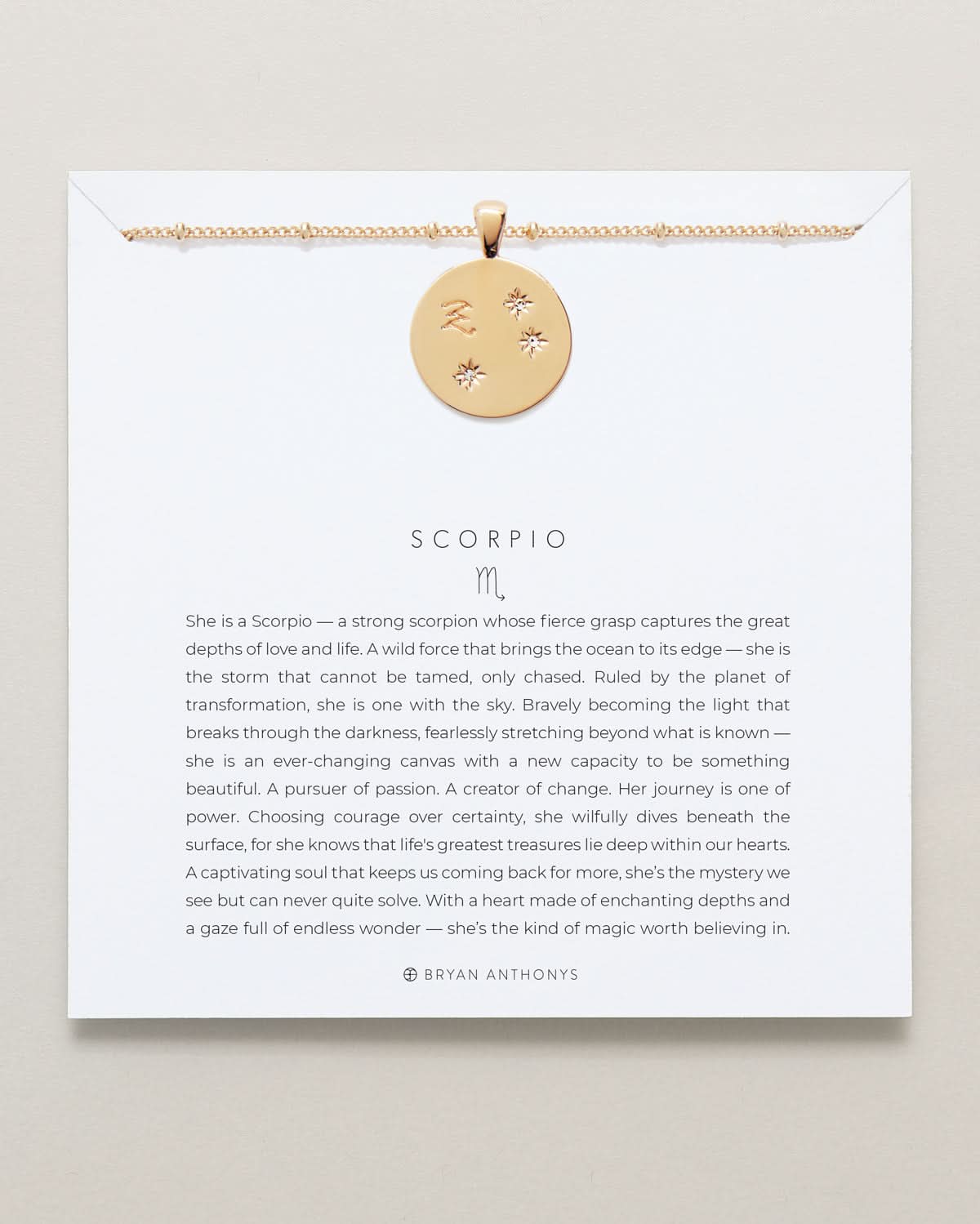 Bryan Anthonys Gold Scorpio Zodiac Necklace On Card