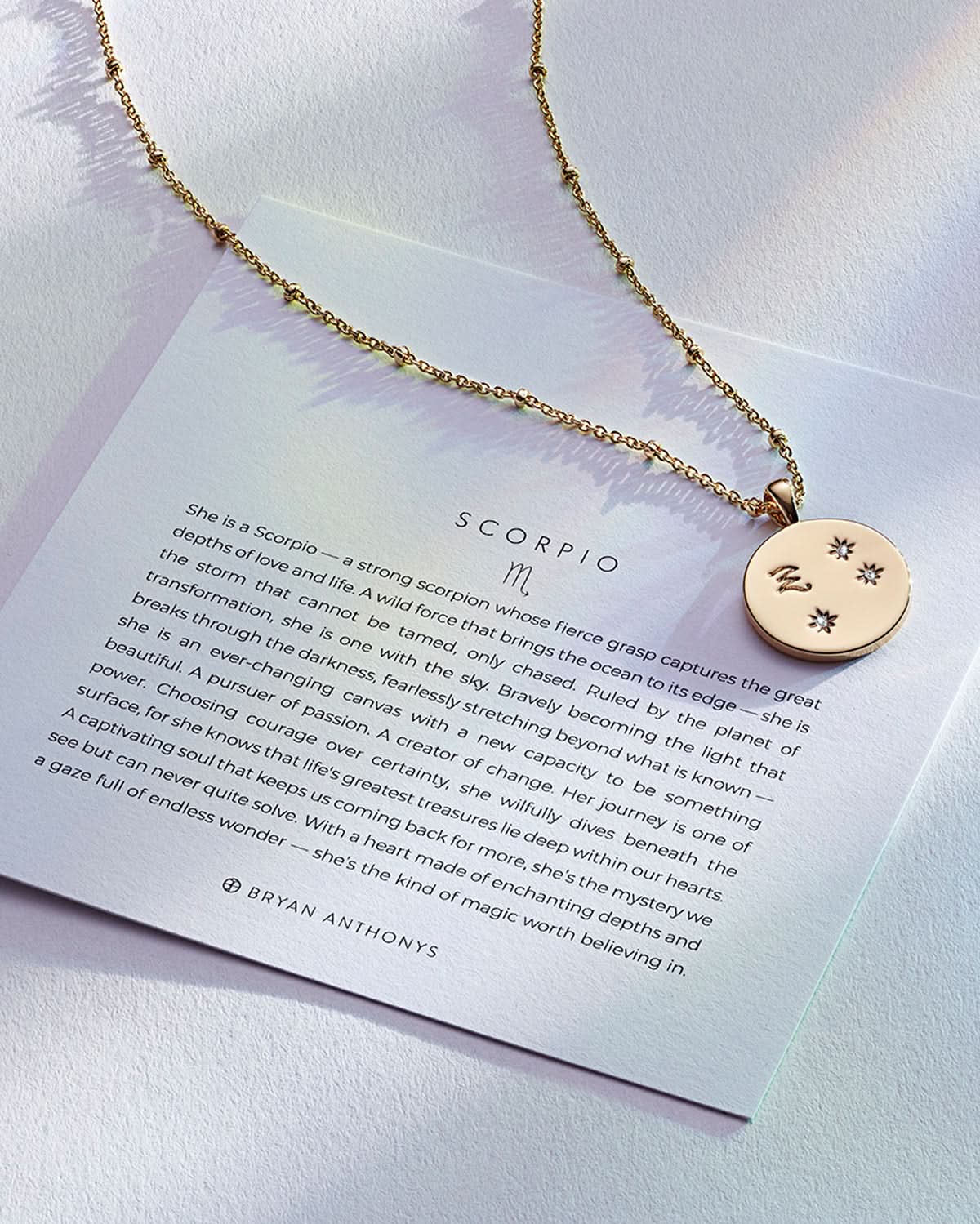Bryan Anthonys Gold Scorpio Zodiac Necklace On Card