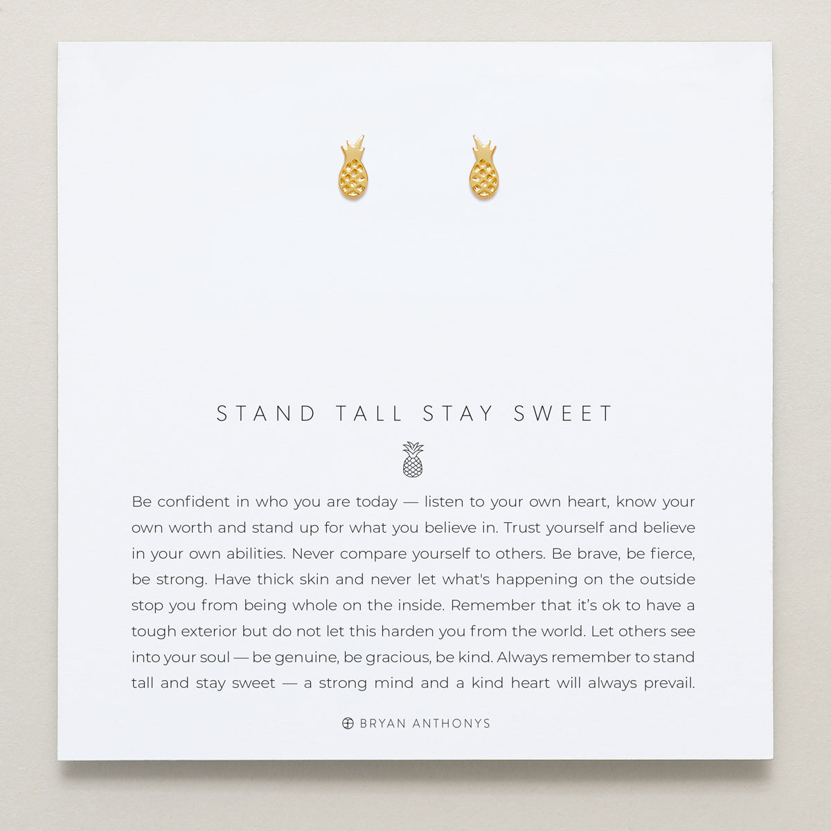 Bryan Anthonys Stand Tall Stay Sweet Gold Stud Earrings on card