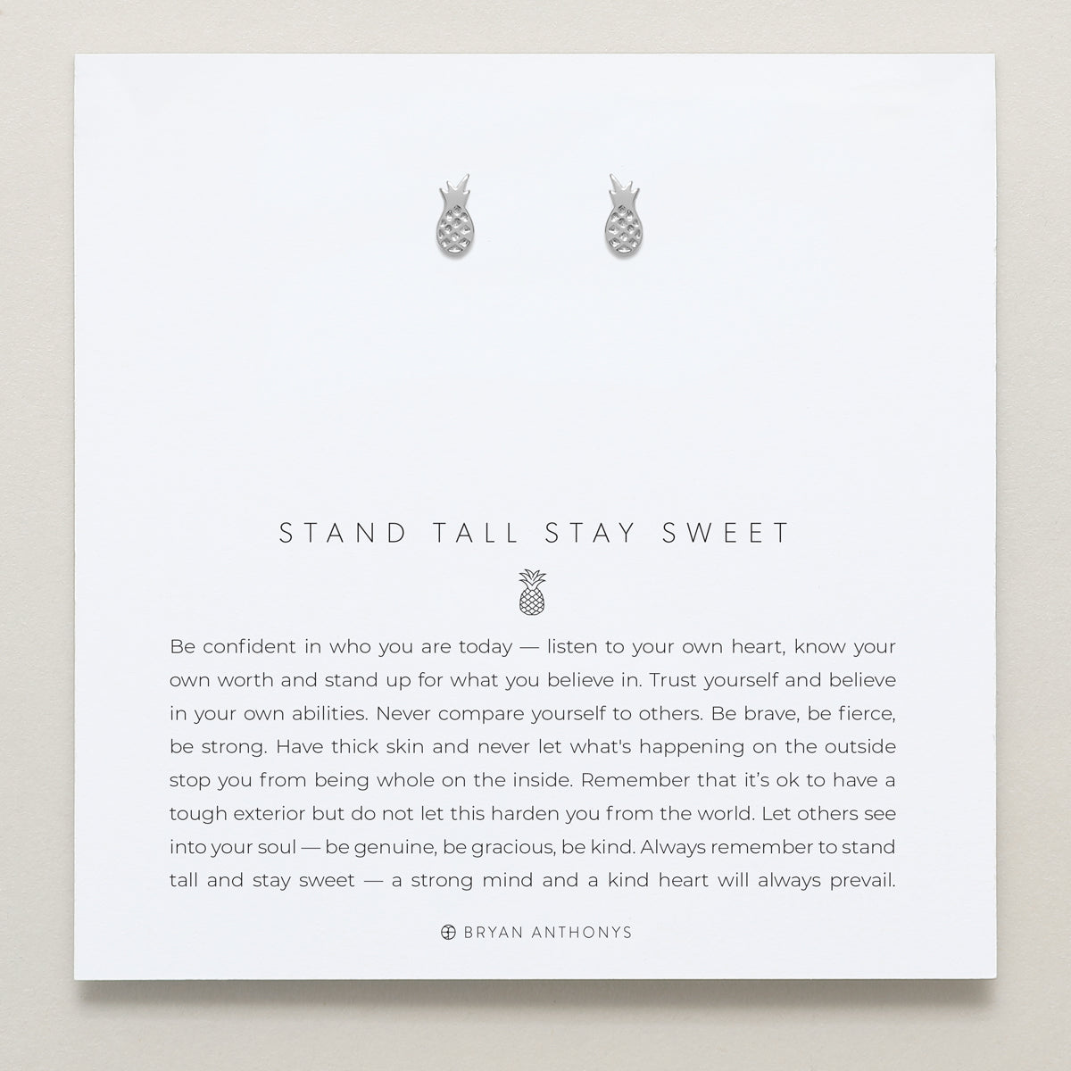 Bryan Anthonys Stand Tall Stay Sweet Silver Stud Earrings on card